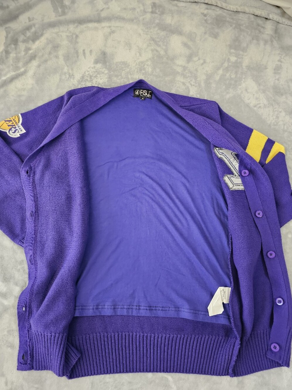 NWT Women's FISLL LA Lakers Chenille Letterman Cardigan Sweater Purple Sz M - Picture 4 of 13